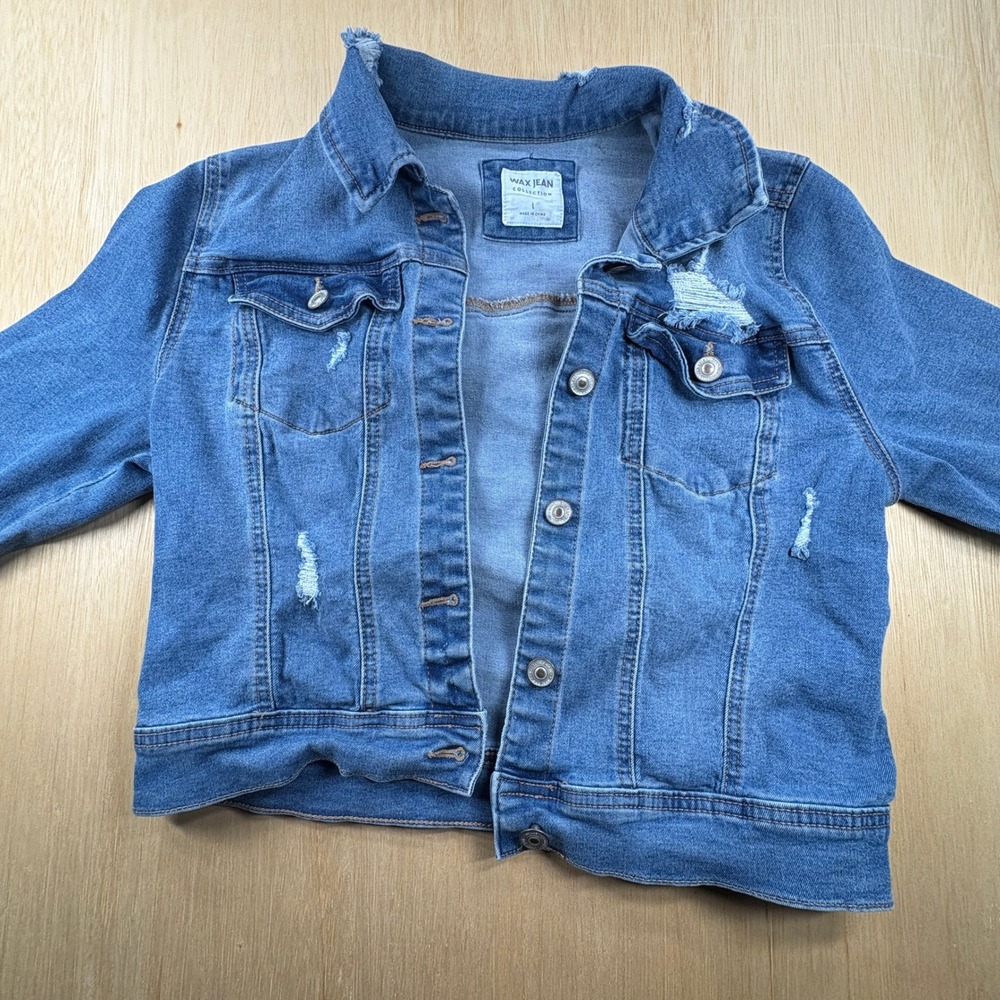Wax Jean Collection Distressed Denim Jacket Medium Wash Blue Trucker Womens L